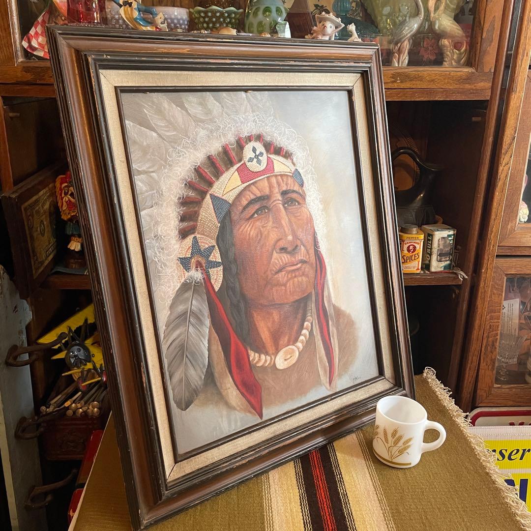 希少！ネイティブアメリカン　酋長インディアン油彩絵画　USAヴィンテージプエブロ